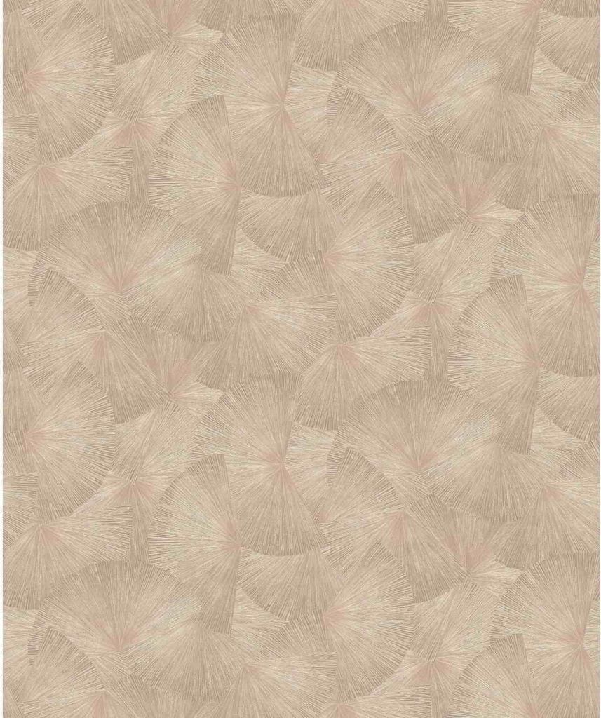 A full-frame shot of a textured wallpaper with a repeating pattern of fan-like shapes in shades of beige and tan.