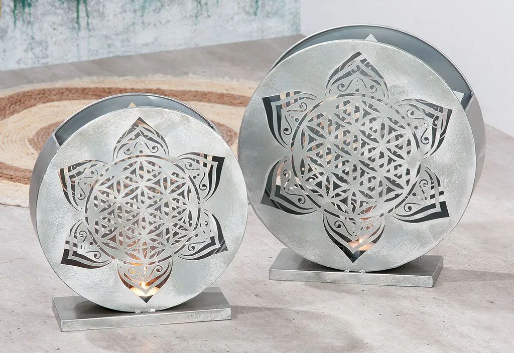 Décoration de Table Zen : Set 2 Photophores Mandala Argentés Gilde 13cm