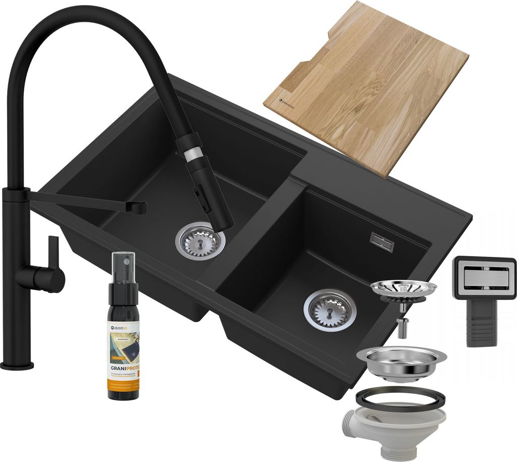 Granitan | Granitspüle HEKTOR - Schwarz - Mit Küchenarmatur und Chrom-Syphon - Modernes Design