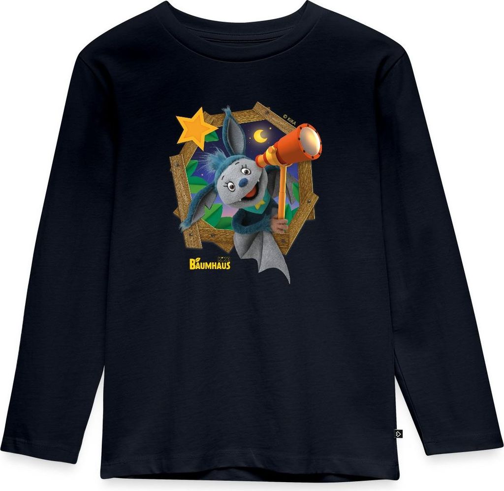Spreadshirt KiKA-Baumhaus Mit Fidi Guckt Aus Dem Fenster Kinder Premium Langarmshirt, 134/140 (8 Jahre), Navy