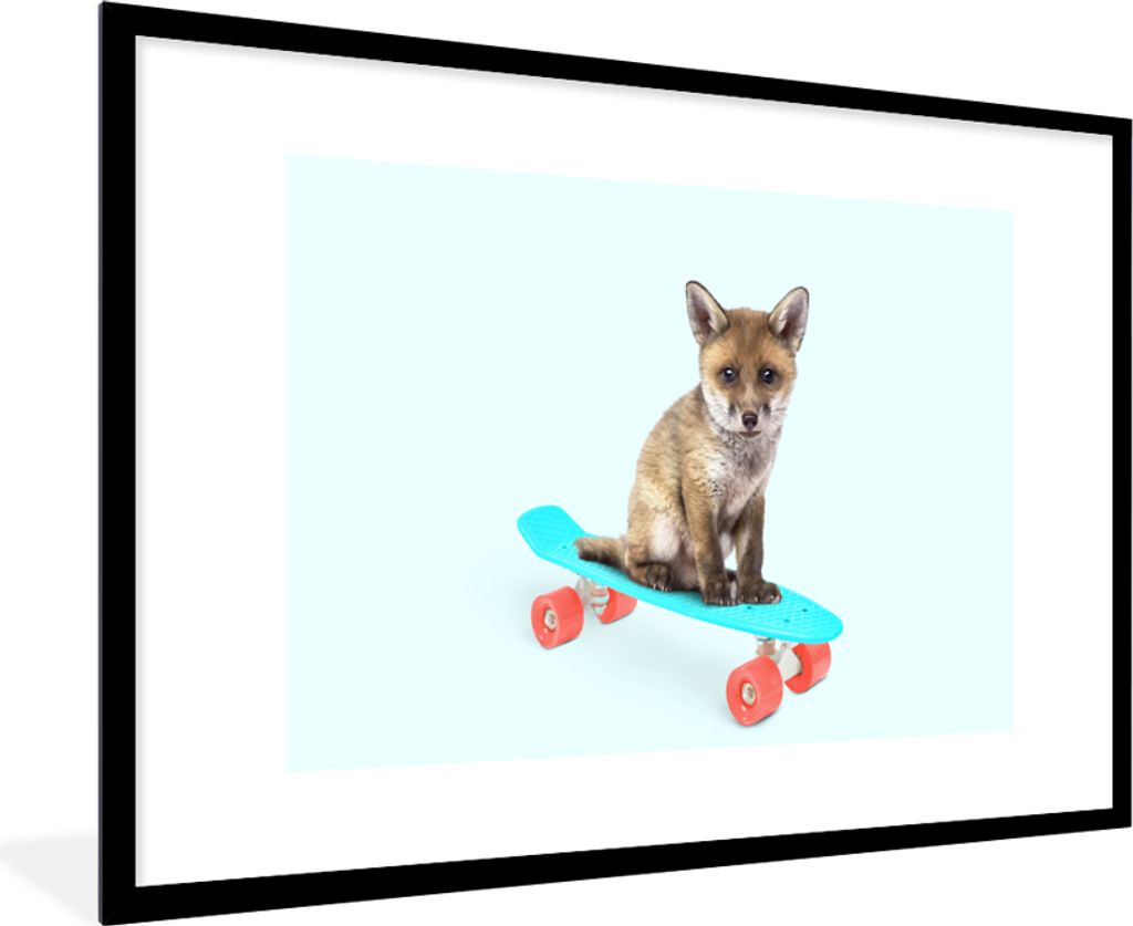 MuchoWow Gerahmtes Poster Fuchs - Tiere - Skateboard - Blau 90x60 cm - Poster mit Schwarzem Bilderrahmen Wandposter Rahmen Foto Bilder - Wanddeko...
