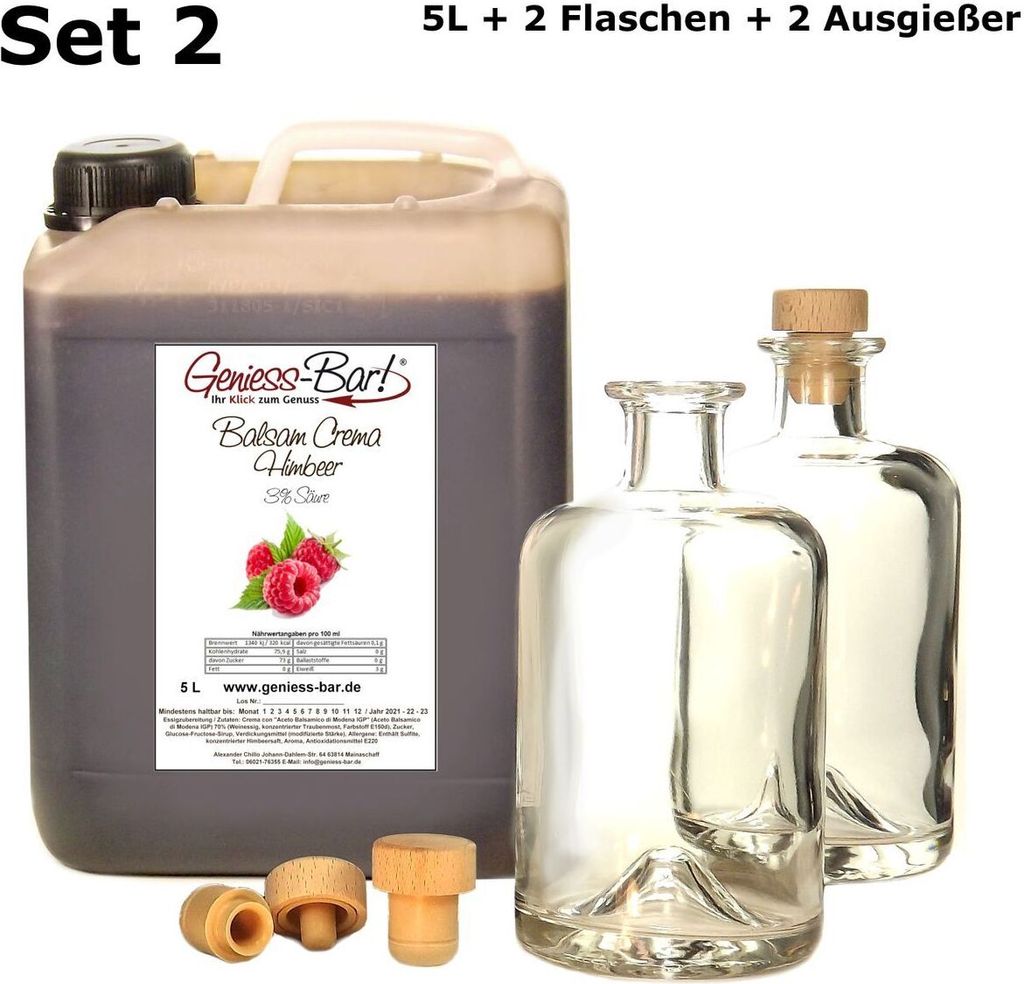 Balsamico Creme Himbeer 5L + 2 Flaschen & Ausgießer Mit orig. Crema di Aceto Balsamico di Modena IGP.