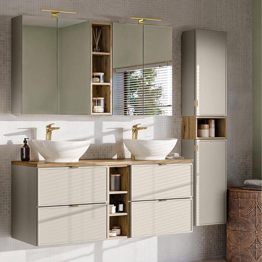 Badmöbel Set 3-teilig mit Doppelwaschtisch 140 cm & Spiegelschrank mit Beleuchtung in Kaschmir & Eiche - BIBIONE-56