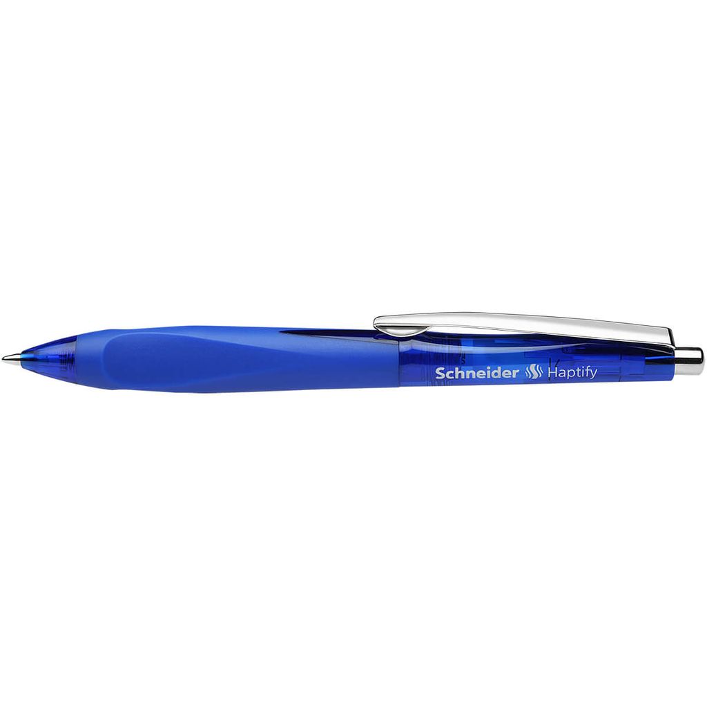 A blue pen on a white background.