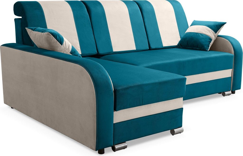 Robin BARI Ecksofa mit Schlaffunktion, Sofa mit Schlaffunktion, Schlafsofa mit Bettkasten und Kissen, Freistehende Eckcouch in L-Form (Türkis Beige)