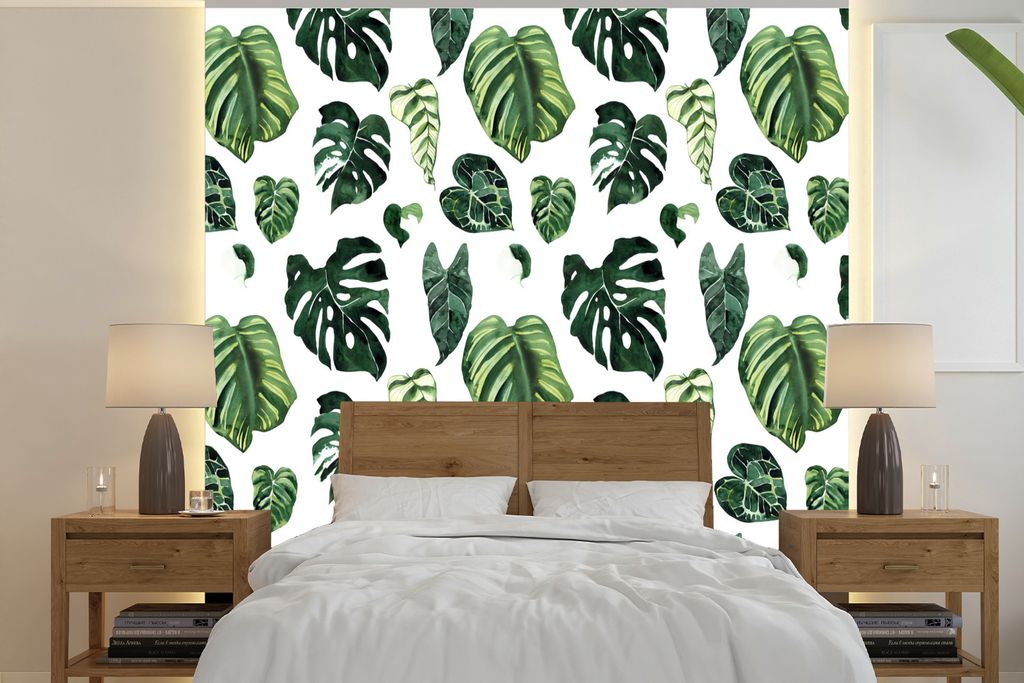 MuchoWow Fototapete für Wohnzimmer oder Schlafzimmer Wandtapete Vinyl Motivtapete Blätter - Tropisch - Grün - 260x260 cm - Papiertapeten