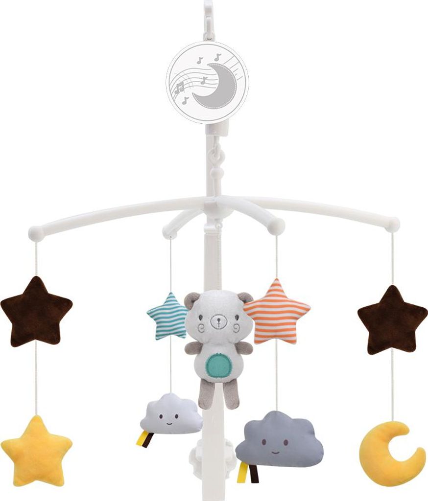 A baby crib mobile with stuffed toys including a bear, stars, clouds, and a moon.