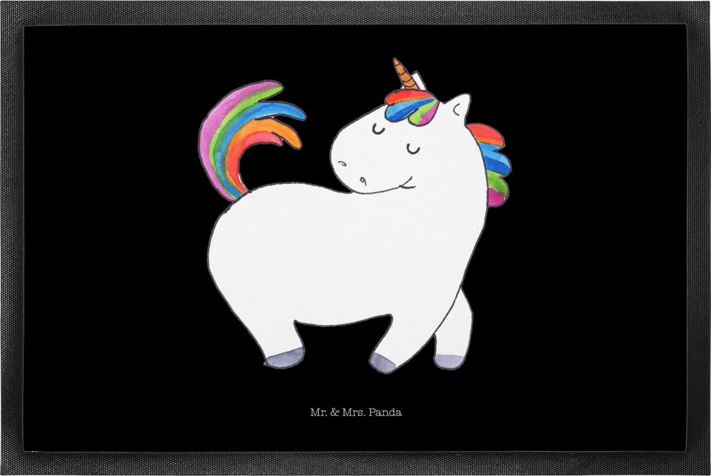Mr. & Mrs. Panda Eingangsteppich Einhorn Stolzieren 50 x 75 cm - Schwarz - Geschenk, Schmutzfangmatte, Fussmatte, Bunt, Unicorn, Gummimatte, Reiter...