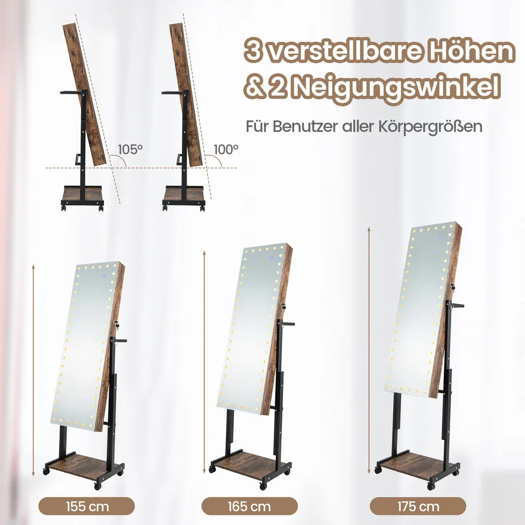 Miroir Psyché Armoire à Bijoux avec Éclairage LED et Rangement Brun - 6