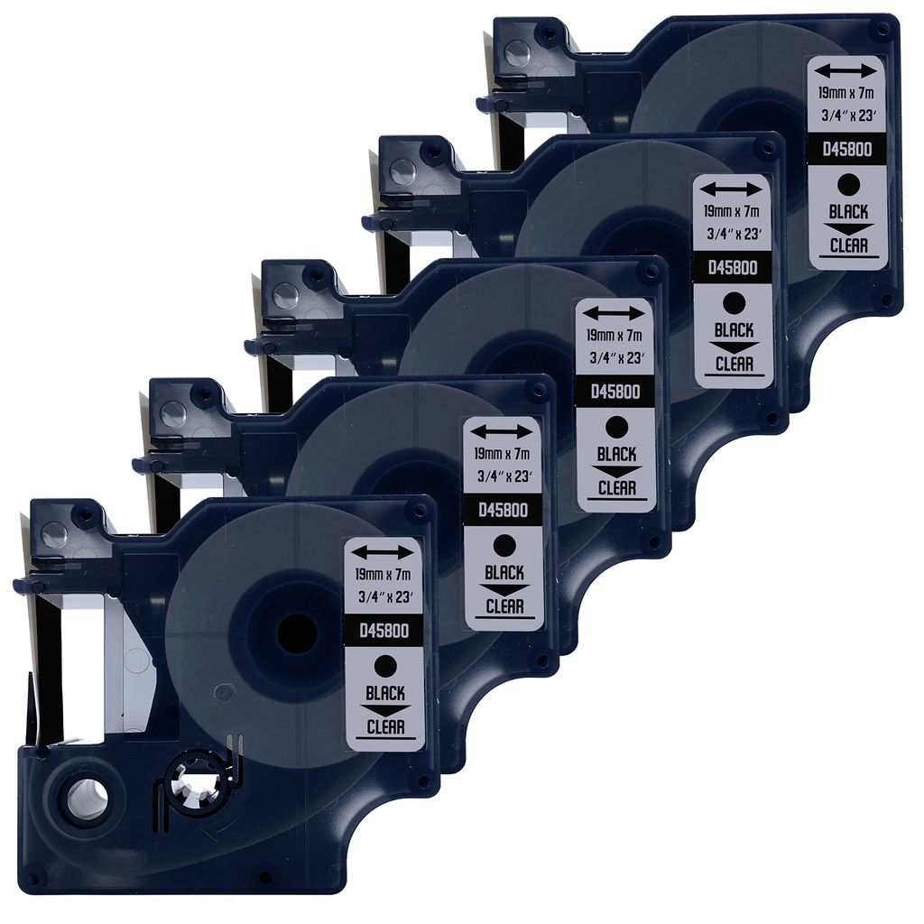 DULA Etikettenband - Kompatibel mit Dymo D1 45800 - 5 Stück - Schwarz auf transparent - 19mm x 7m