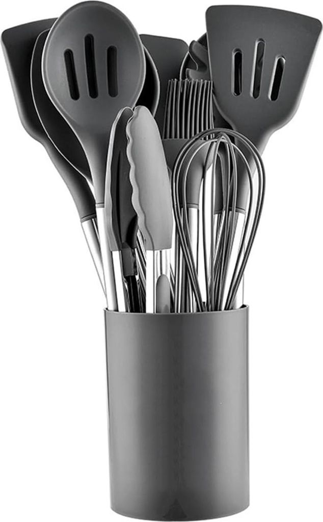 MODFU Kochbesteck-Sets Küchenset 12-teilig, Silikon Kochbesteck Set, Silikon Küchenbesteck mit Edelstahl, Küchenutensilien Set hitzefest, Grau