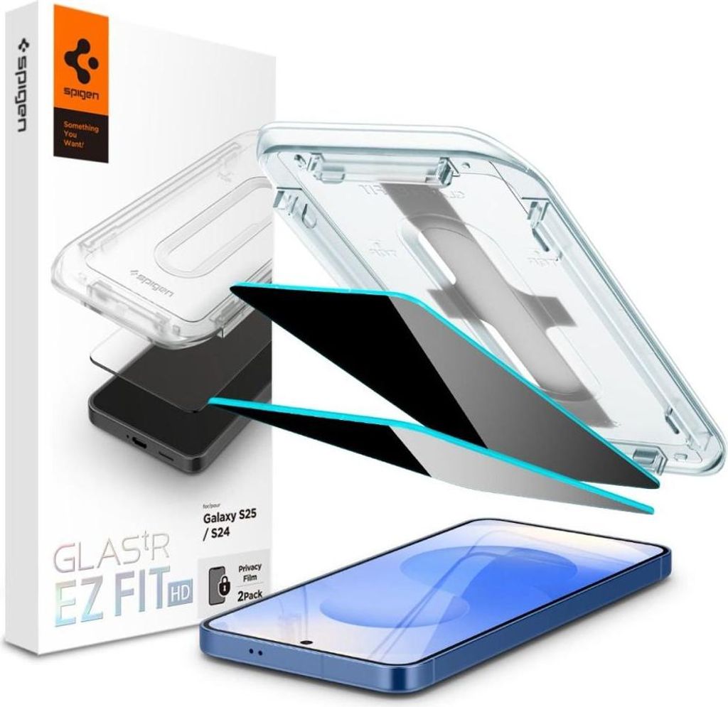 A product shot showing a phone screen protector and its installation tool, with packaging in the background.