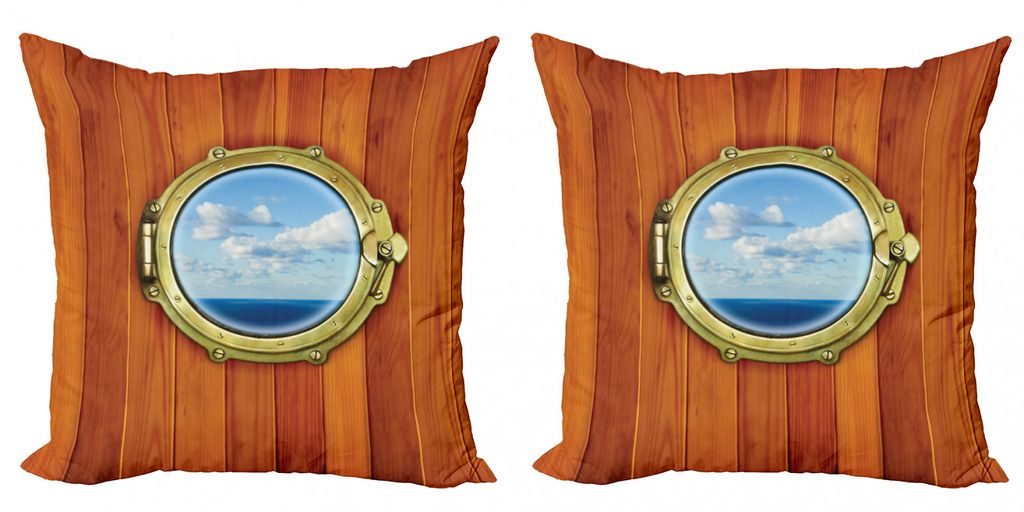ABAKUHAUS Nautisch Kissenbezug Set (2Stück), Bullauge Auf Hölzernen Hintergrund Fenster Schiff Alte Segelschiff Druck, 60x60cm, Dark Orange Pale ...