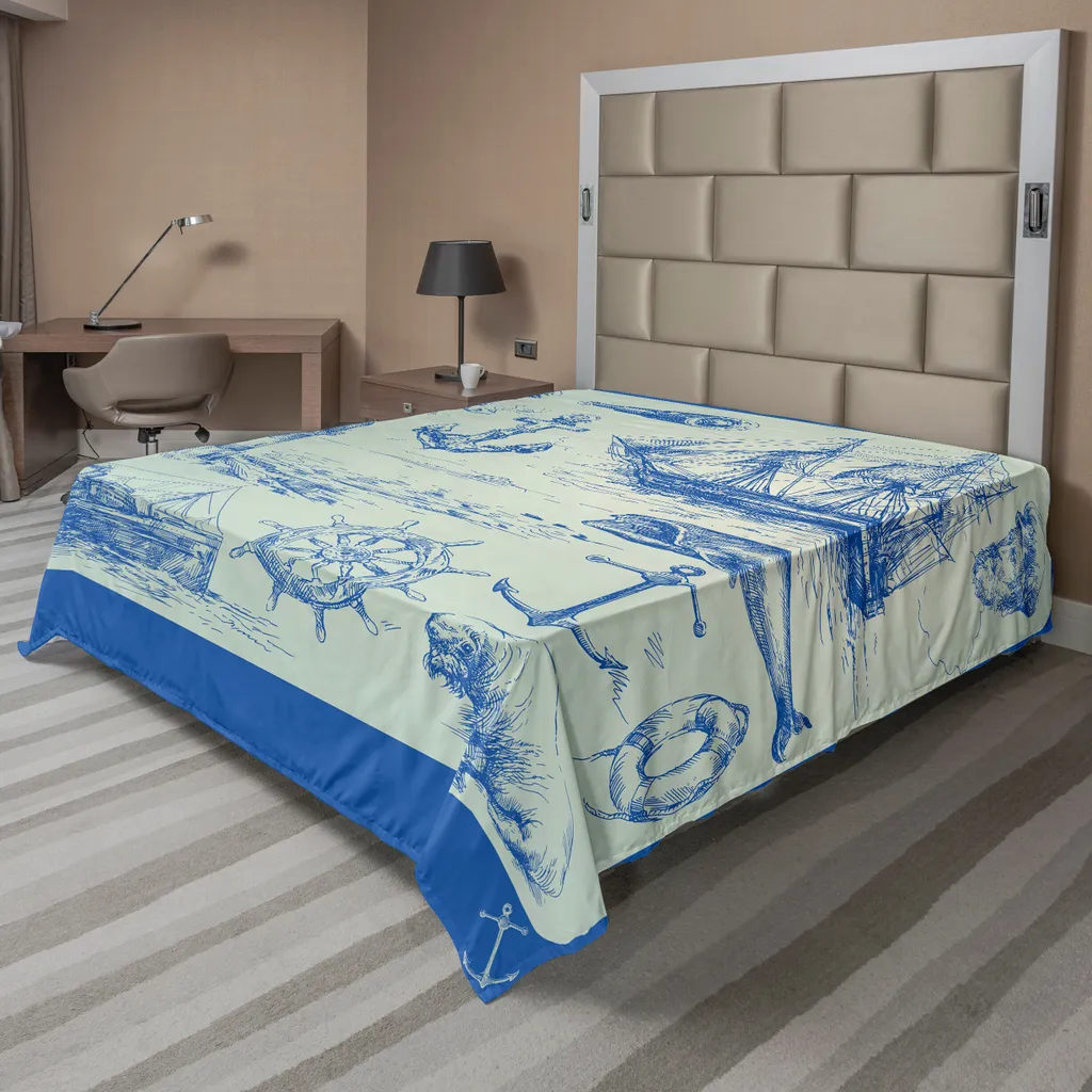 Drap plat ABAKUHAUS motif Baleine et Phare en bleu œuf - 260 x 228 cm