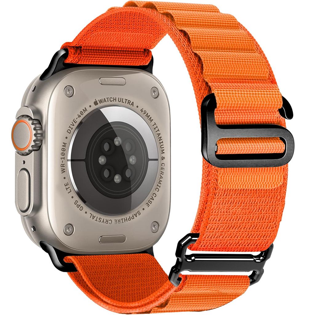 FFO2World Alpine Loop Nylonarmband für Apple Watch 46/45/44/42/49 mm (Ultra) – Sportliches Armband mit 6-Haken-Verschluss – Schwarz/Orange