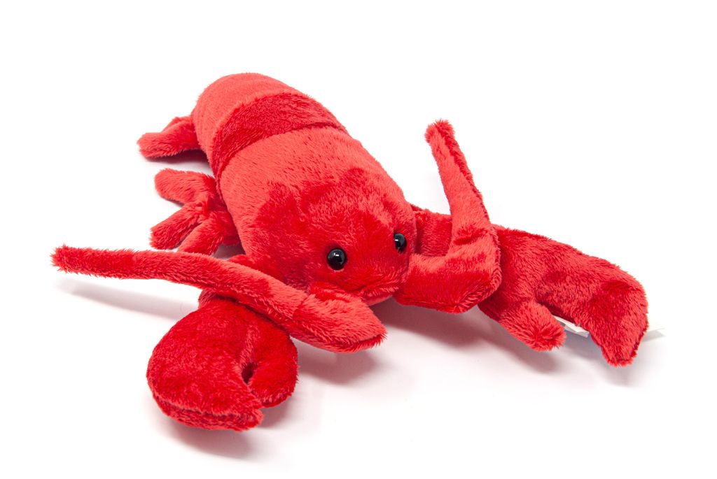 A red plush lobster toy is shown against a white background.