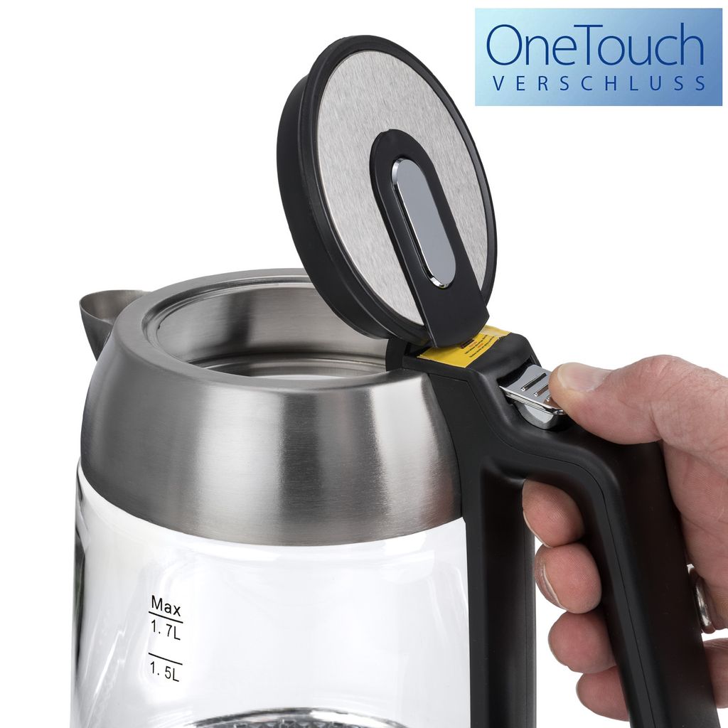 Wasserkocher 1,8 Liter 2200W – Glaskanne Mit LED-Beleuchtung, Edelstahlboden, Kalkfilter, OneTouch-Deckel, BPA-frei