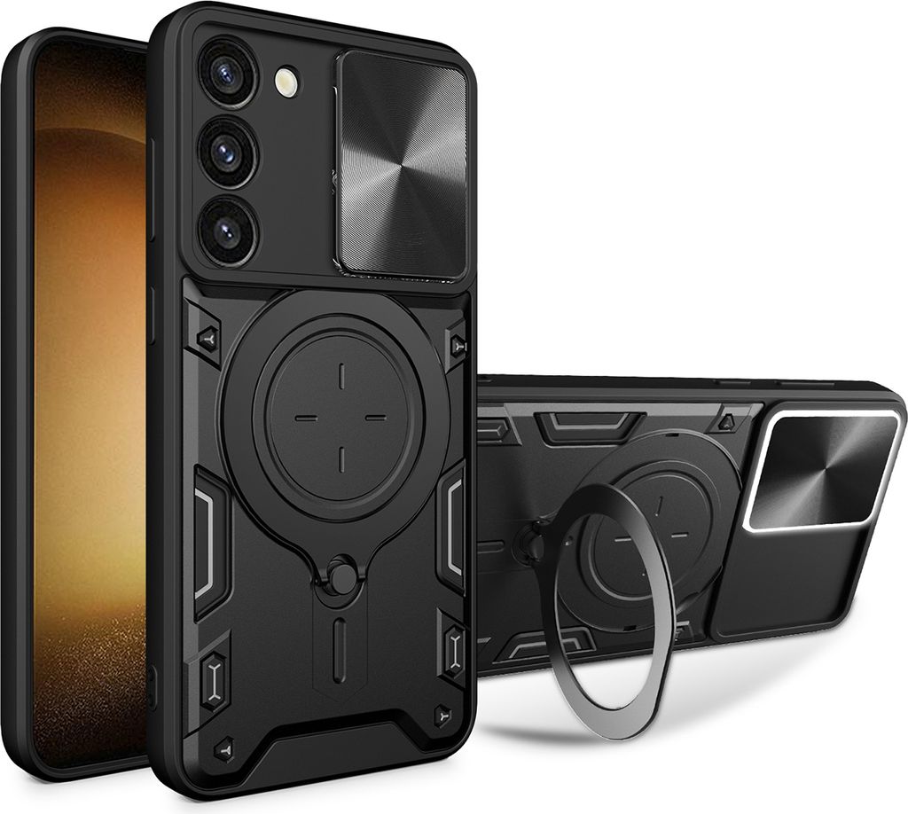 Handyhülle für Samsung Galaxy S23+ Dual-Layer Stoßfest Rüstung Hülle mit Dia Kameraschutz und Kreisförmig Ring Ständer Schwarz
