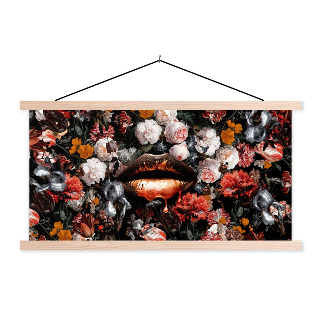 MuchoWow Textilposter Lippen - Blumen - Farbe - Orange - Kunst - Abstrakt - Alte Meister 60x30 cm mit holzfarbenen Rahmen - Dekoration