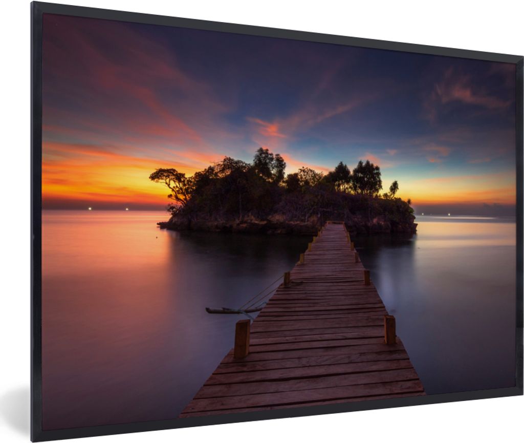 MuchoWow Gerahmtes Poster Sonnenuntergang - Brücke - Bäume - Wasser - Insel 90x60 cm - Poster mit Schwarzem Bilderrahmen Wandposter Rahmen Foto...