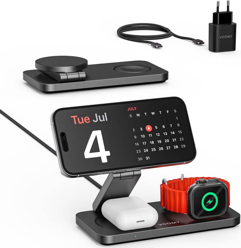 VOOMY Kabelloses Ladegerät 3-in-1 – 15W MagSafe Schnellladegerät – Faltbares Premium-Aluminium-Design – Für iPhone, Apple Watch & AirPods ...
