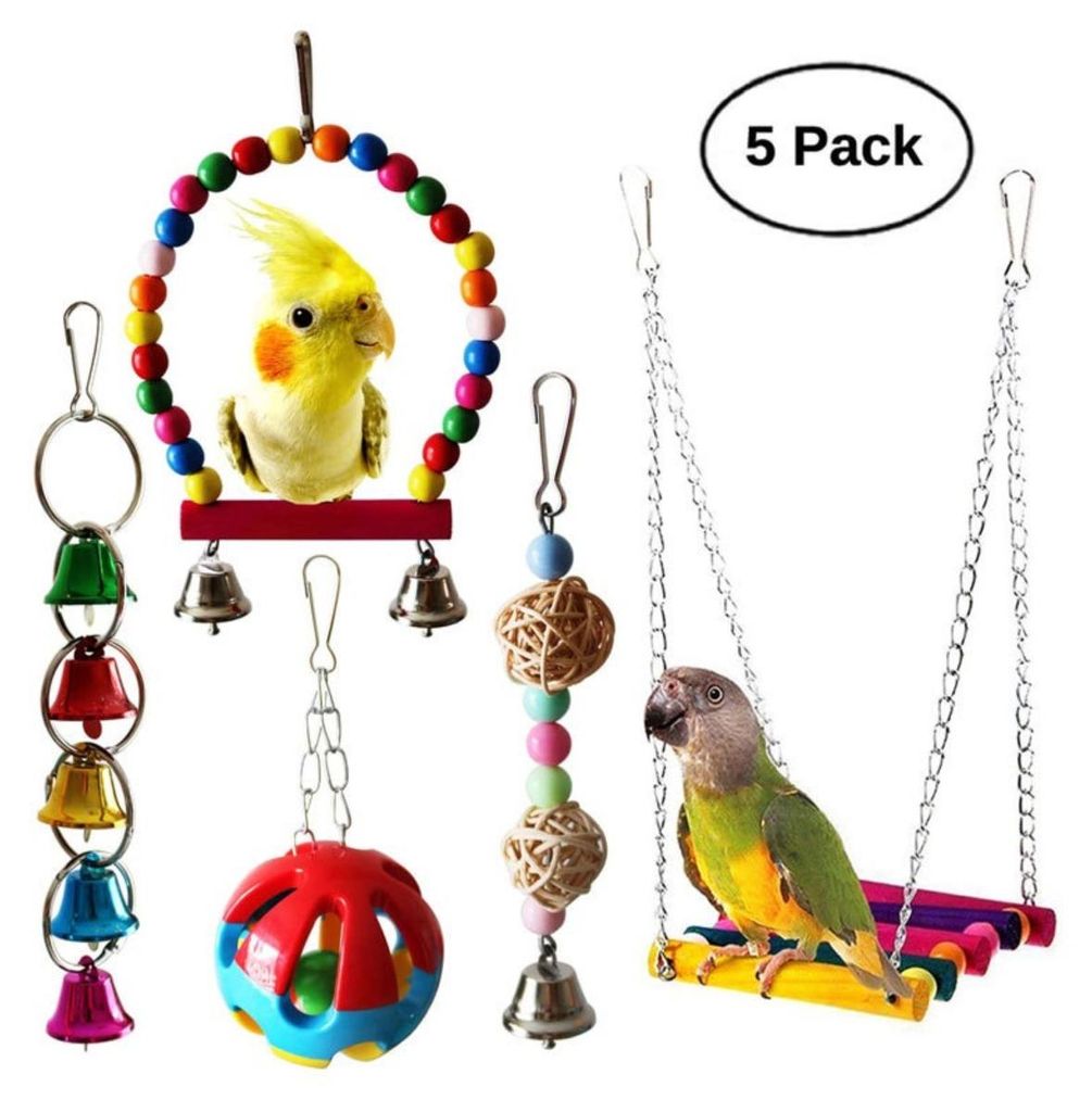 INF Vogelspielzeug Set 5-teilig Kiefernholz und Metall 20cm x12cm x8cm Käfig