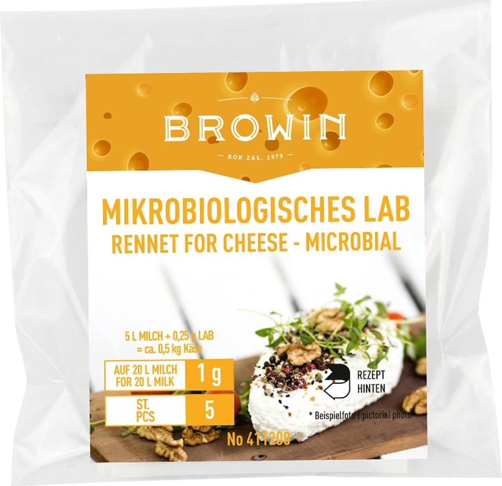 A package of microbial rennet for cheese making, with a picture of cheese on a wooden board.