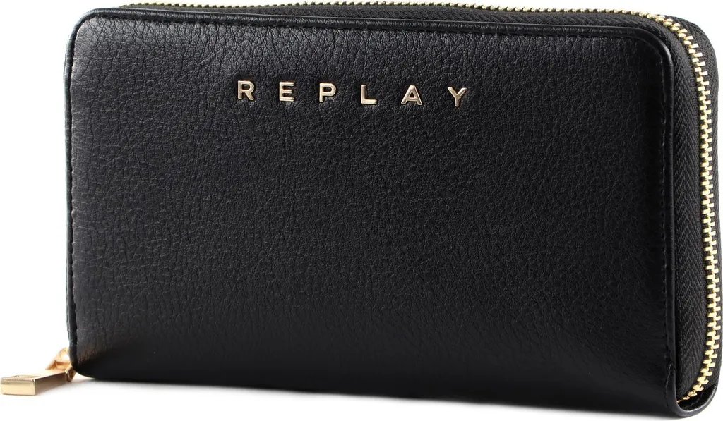 REPLAY Zip Around Wallet Nero - Portafoglio Robusto in Vera Pelle