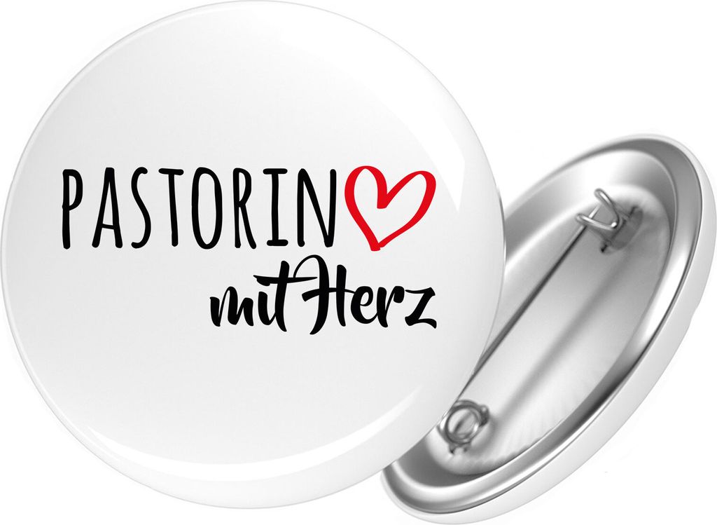 Huuraa Button Pastorin mit Herz 25mm rund mit Sicherheitsnadel Ansteckbutton Geschenkidee