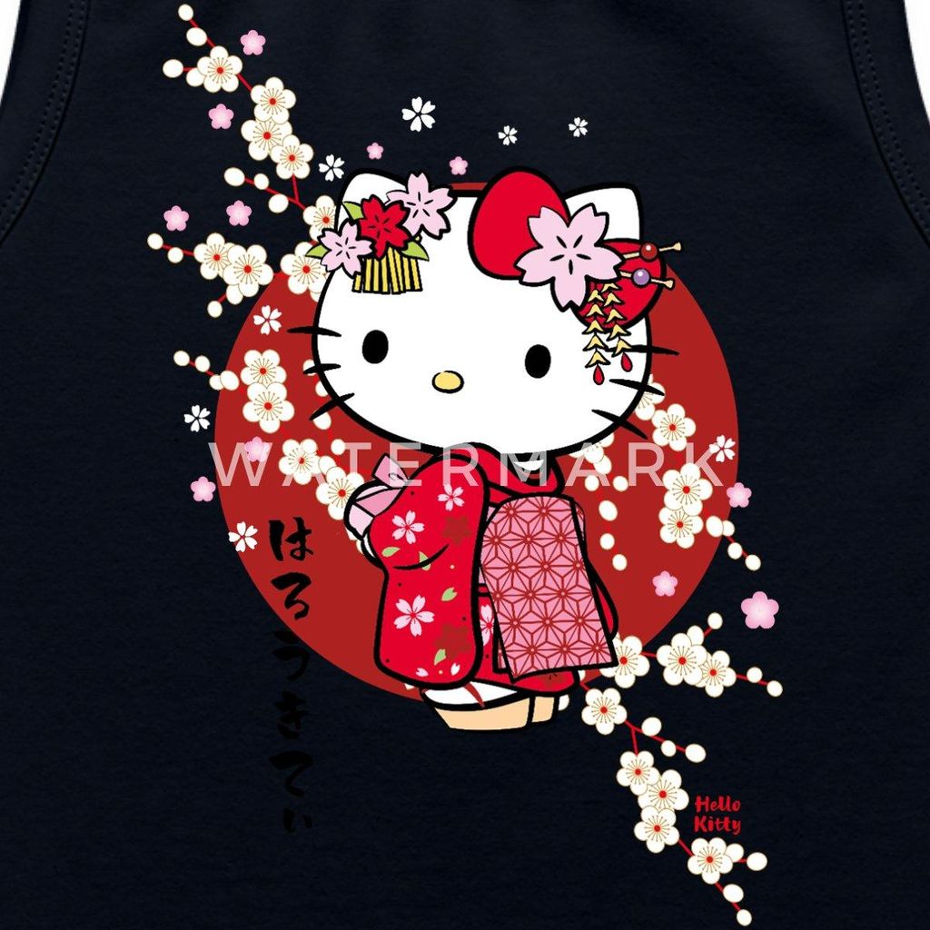 Spreadshirt Hello Kitty Japan Kimono Kirschblüten Cropped Frauen Organic Tank Top, L, Navy