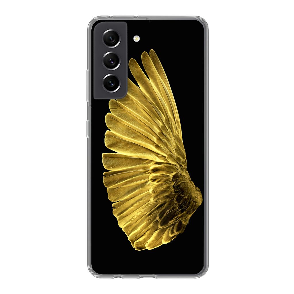 MuchoWow Handyhülle Schutzhülle Hülle für Samsung Galaxy S21 FE Goldene Flügel auf schwarzem Hintergrund Silikon Softcase Handy Hülle - Mob...