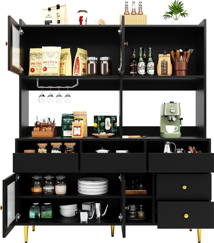 Hohes Sideboard in Schwarz und Gold für das Esszimmer, 145 x 39 x 171 cm, mit perforiertem Glashalter, Glasablage und mehrstufigem Stauraum.