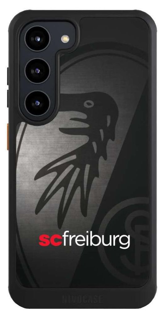 NIVOCASE Hülle für Samsung Galaxy S23 Handyhülle NIVOcore Case Schwarz Metallic Look Offizielles Lizenzprodukt SC Freiburg