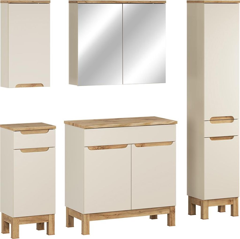 Badmöbel-Set 5-teilig mit 80 cm Waschtischschrank & Spiegelschrank in kaschmir und Eiche mit Baumkantenoptik, modern grifflos - SOLNA-56-CASHMERE