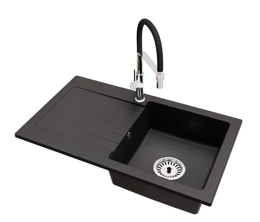 Granit Küchenspüle LEON Einbecken mit Abtropffläche inkl. Armatur Venice Chrom und Raumsparsiphon Chrom