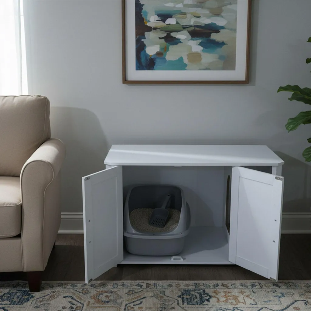 Meuble litière chat multi-usage effet bois avec tapis anti-projections - 3