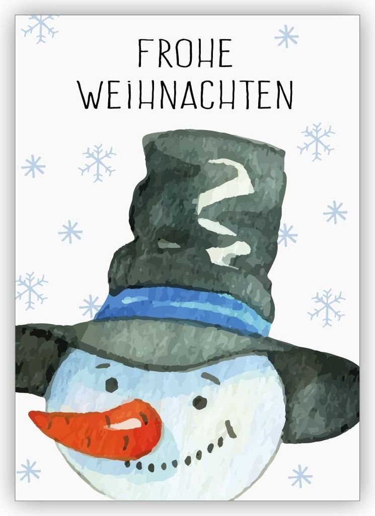 4x Niedliche gemalte Weihnachtskarte mit fröhlichem Schneemann: Frohe Weihnachten