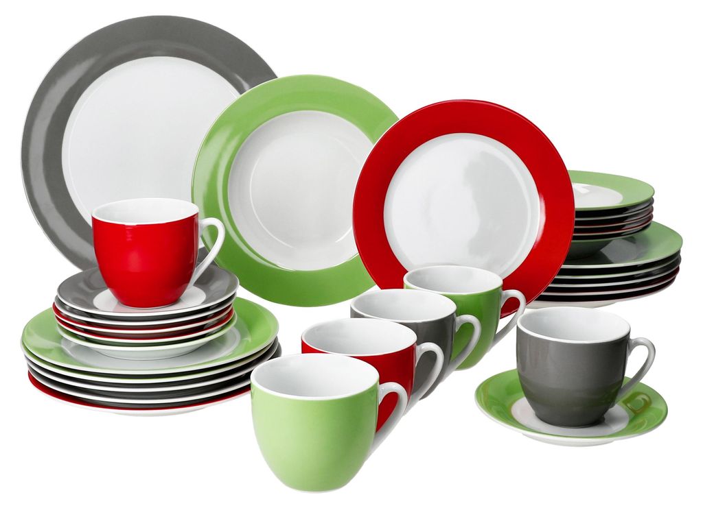A collection of dinnerware, including plates and cups, arranged on a white background.