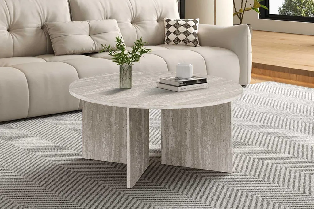 Table basse Drasir en travertin gris massif 90cm, design minimaliste - 3