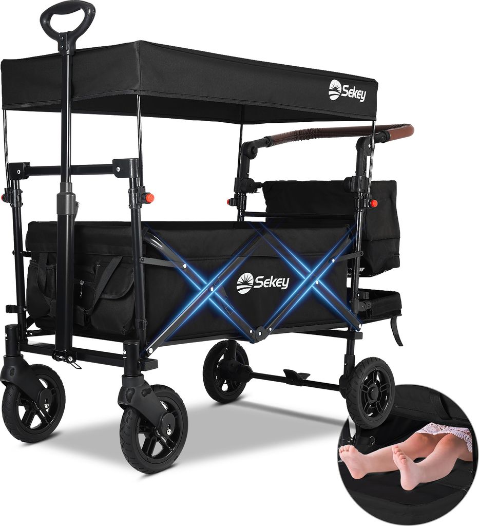 Sekey Bollerwagen Faltbar Transportwagen Handwagen mit Dach und Bremse bis 150 kg Kinder 2 Sitzer mit 3-Punkt Gurtsystem, Schwarz