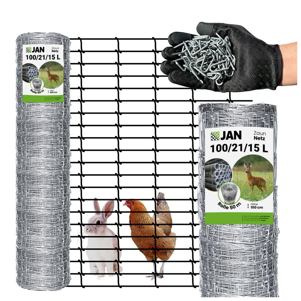 Wildzaun - Knotengeflecht – verzinkt 100/21/15 L - 50 M - 27 Kg - Wetterfest Robuste Konstruktion - Forstzaun