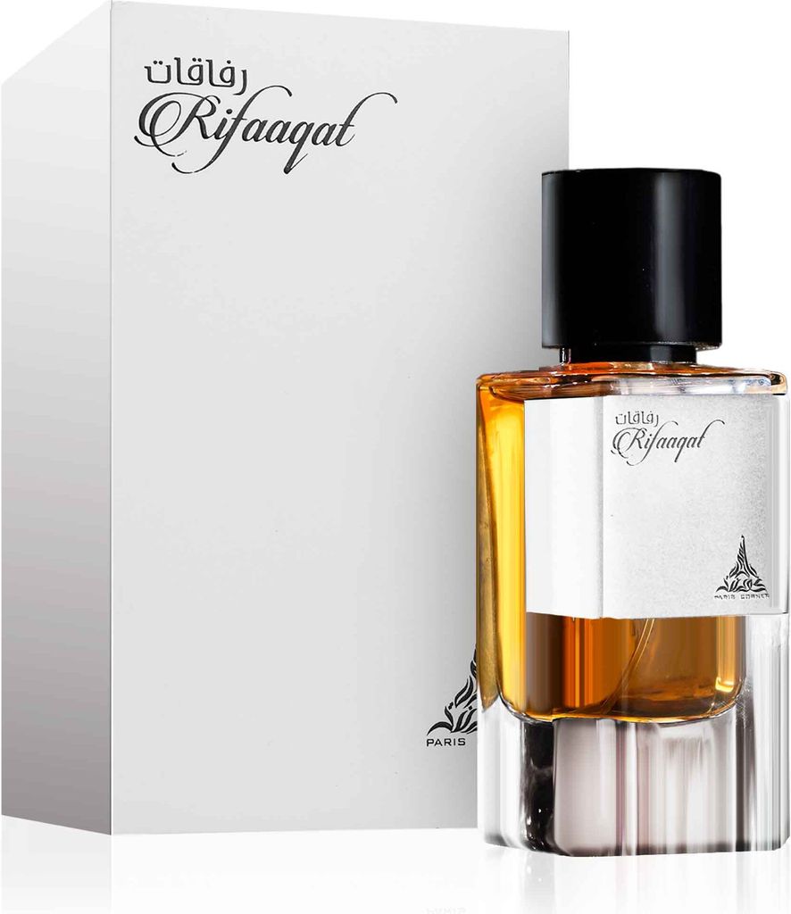 A perfume bottle and its packaging are displayed against a white background.