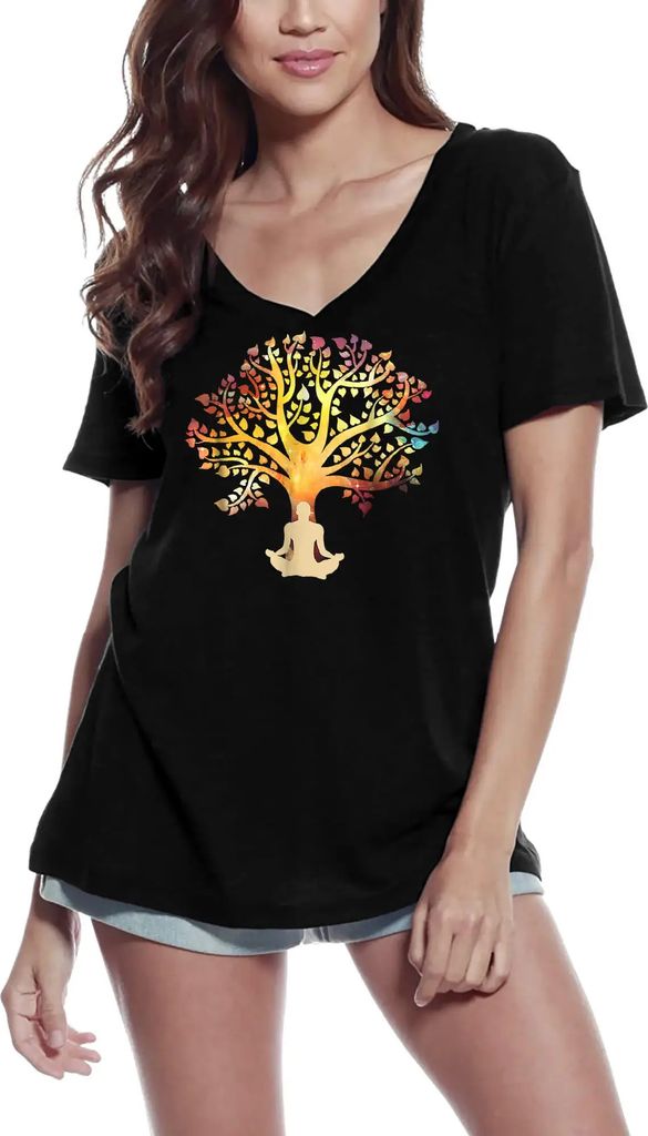 Damen Grafik T-Shirt V-Ausschnitt Kosmischer Baum - spirituelle Yoga-Meditation – Cosmic Tree - Spiritual Yoga Meditation – Öko-Verantwortlich...
