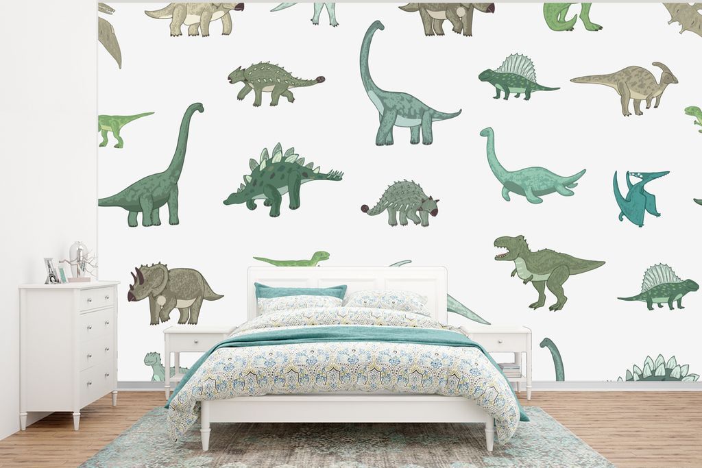 MuchoWow Fototapete für Wohnzimmer oder Schlafzimmer Wandtapete Vinyl Motivtapete Dinosaurier - Grün - Jungen - Braun - Kind - Muster - 320x240...