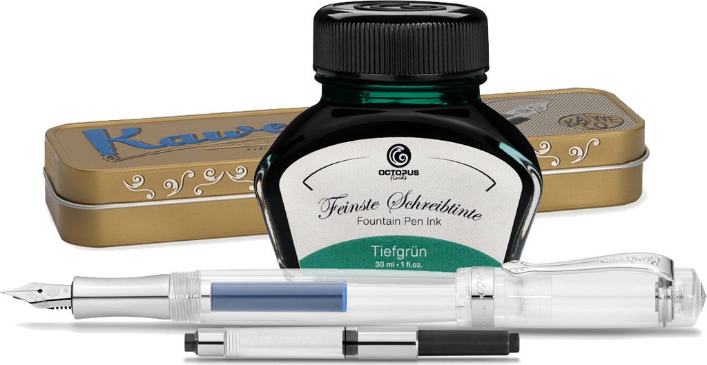 Kaweco Student Füllhalter mit 30 ml Füllhaltertinte, Konverter und Metalletui Transparent, Grün