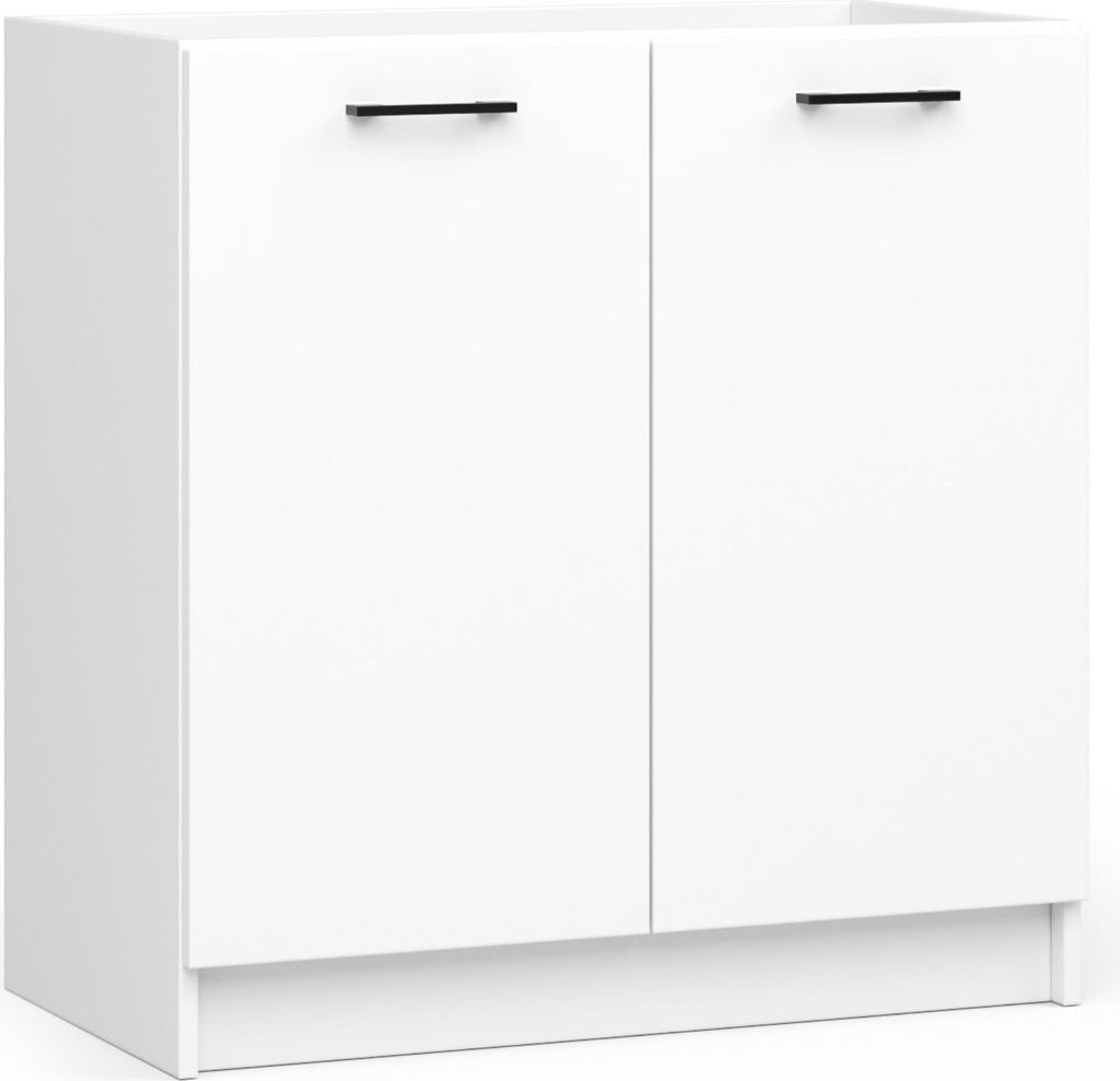 A white cabinet with two doors and black handles, shown from the front.