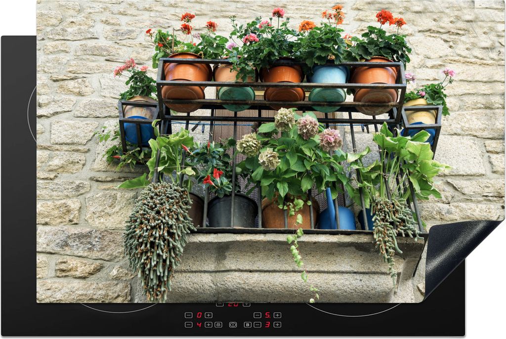 KitchenYeah Herdabdeckplatte Steinmauer mit Balkon , 80x52cm, Küche Deko, Glaskeramikfeld Herdabdeckung, Abdeckplatte fùr Kochfeld