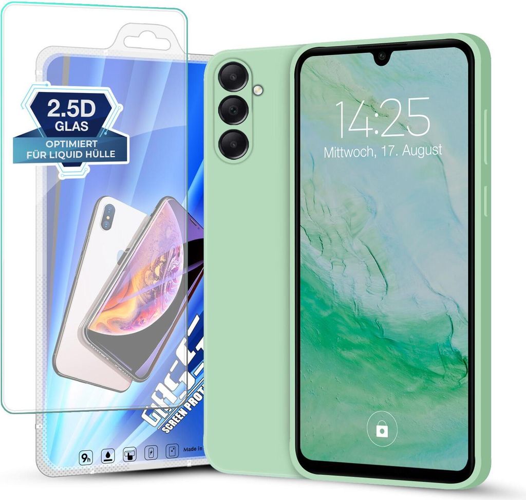 A phone case and screen protector are displayed together.