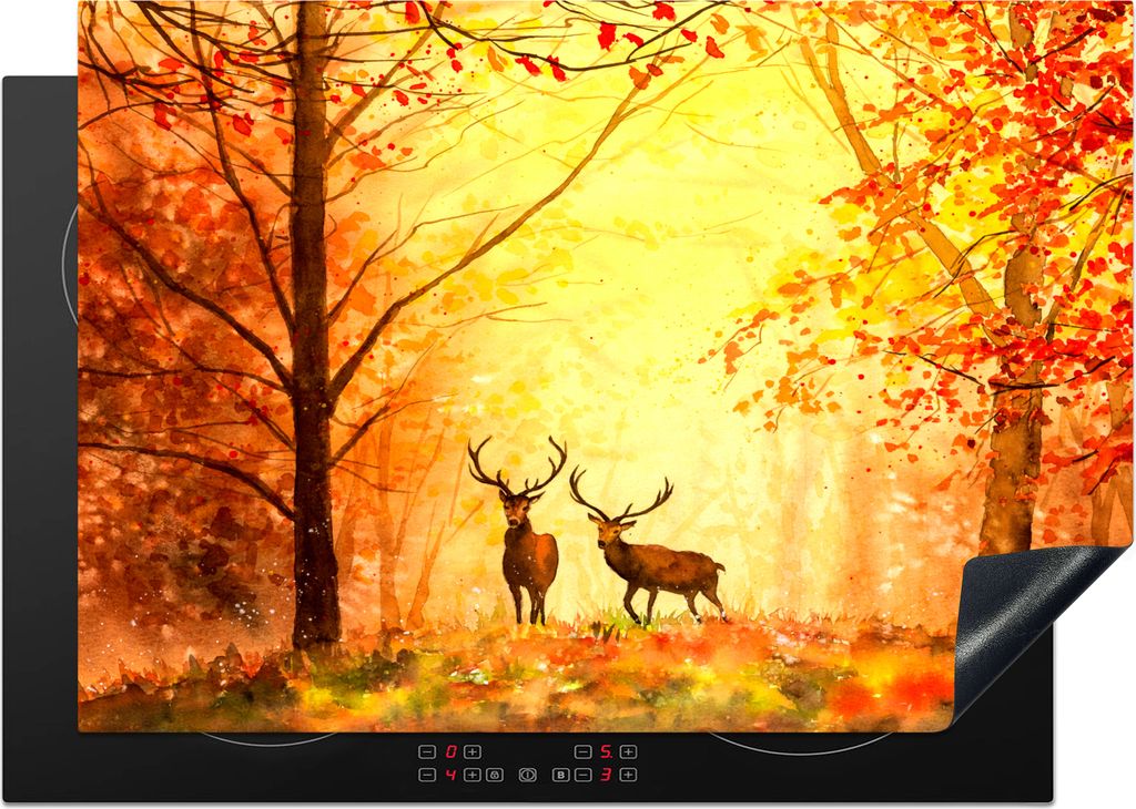 KitchenYeah Herdabdeckplatte Natur - Ölfarbe - Hirsche - Tiere - Herbst - Orange , 75x52cm, Küche Deko, Glaskeramikkochfeld Herdabdeckung, Abde...
