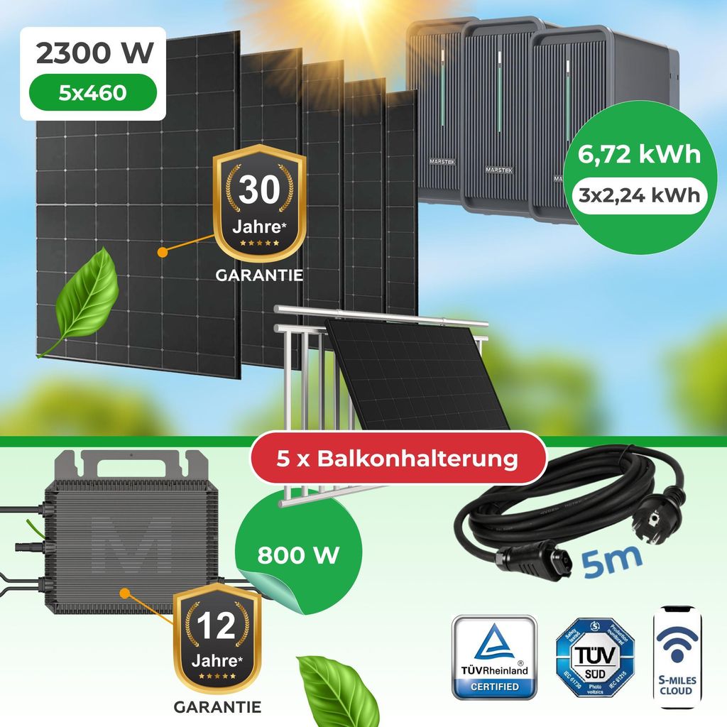 Balkonkraftwerk Komplettset 2300W – 5 bifaziale Glas-Glas Solarmodule, 6,72 kWh Speicher, Marstek M2-800 Wechselrichter + Balkonhalterung, App, Wifi